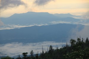 The view from the LeConte Lodge Office on the morning of June 29, 2013...English Mountain, surrounded by patches of ground fog.